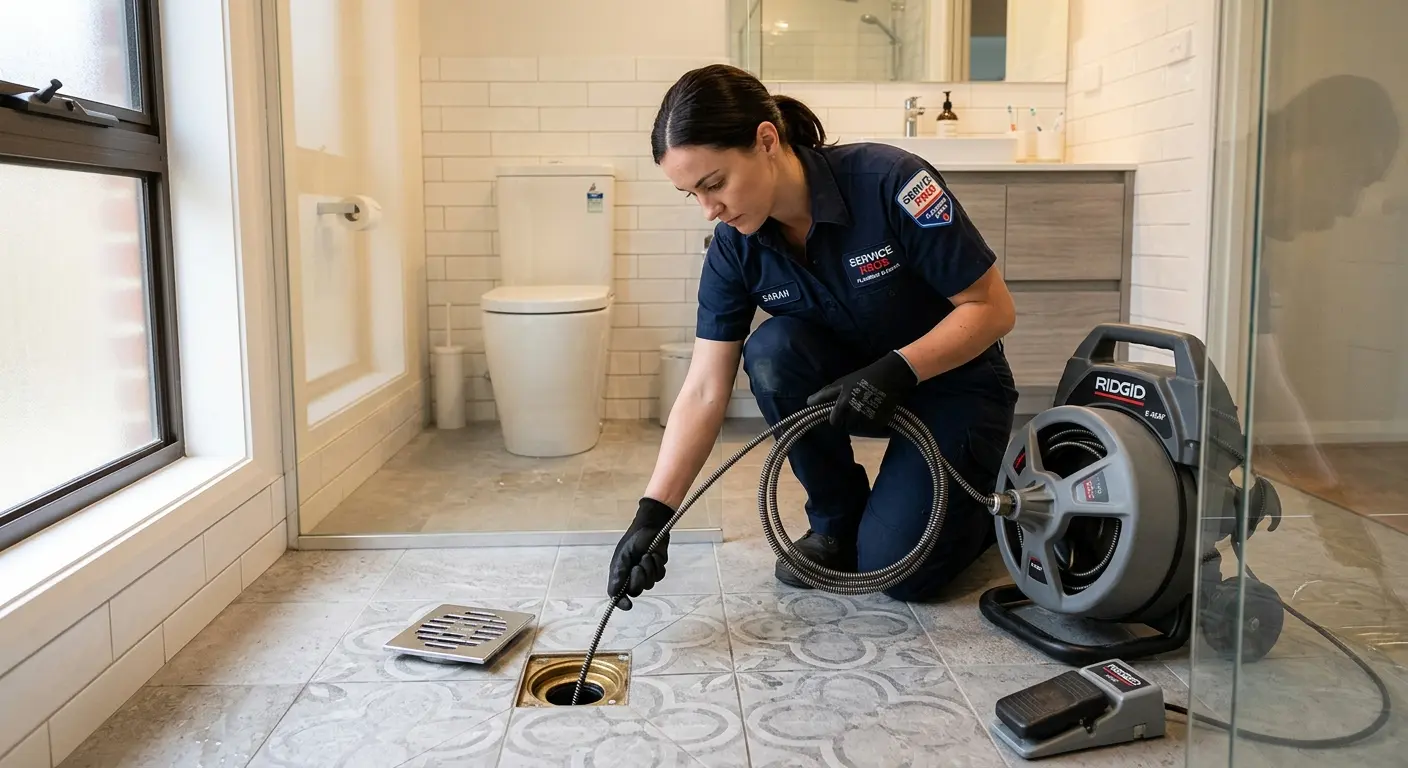 Technician clearing a bathroom floor drain for Drain Repair in Jordan